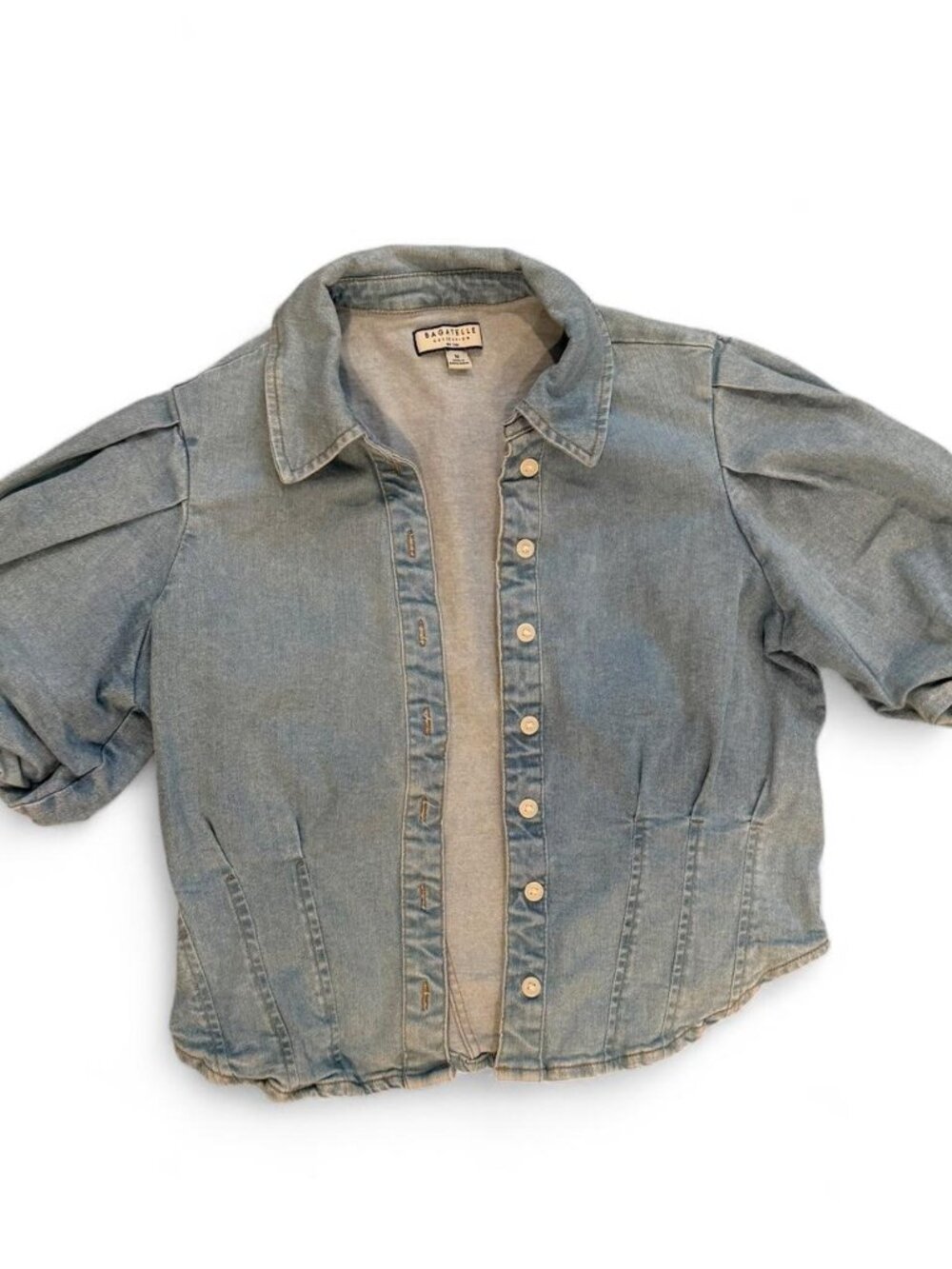Bagatelle blue denim cropped shirt with puffy sleeves